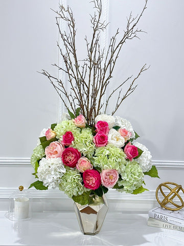 45-in Real Touch Hydrangea Rose Arrangement in Gold Vase